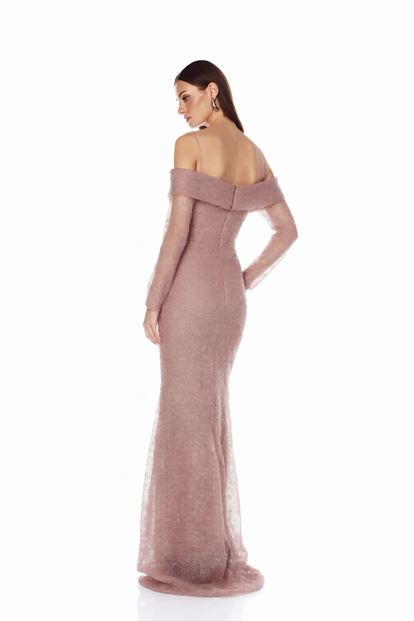 Pudra Kayık Yaka Işıltılı Abiye Elbise